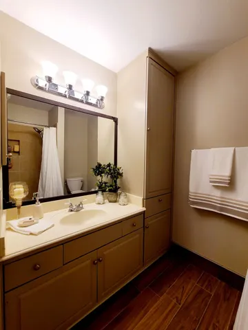a bathroom with a tub sink and mirror