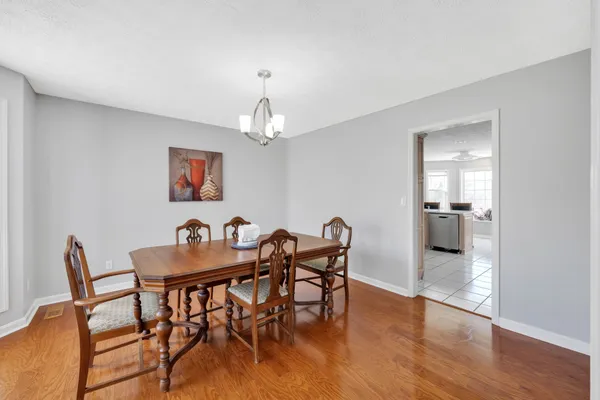 a view of a dining room with furniture and wooden floor