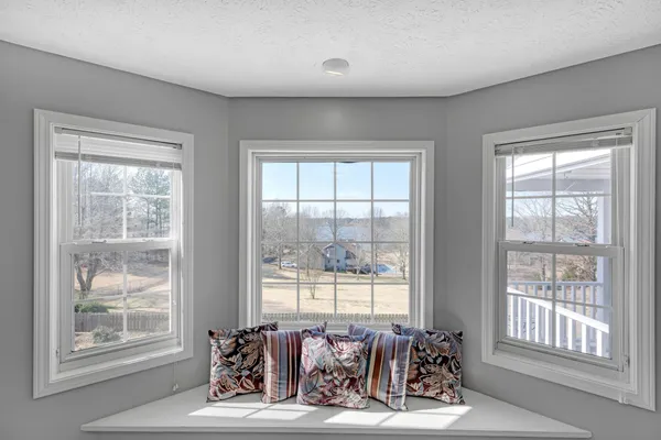 a living room with a large bed and windows