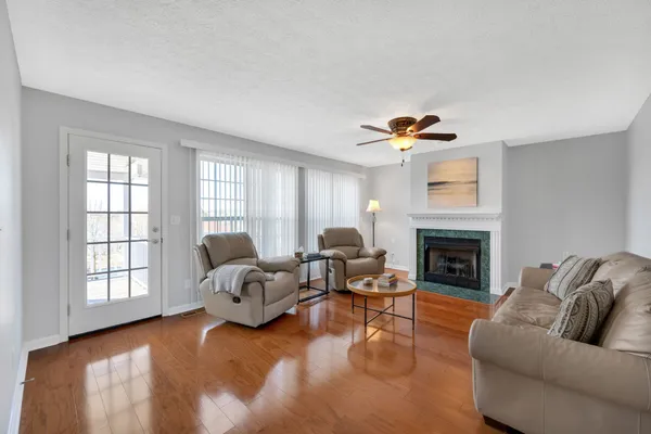 a living room with furniture and a fireplace