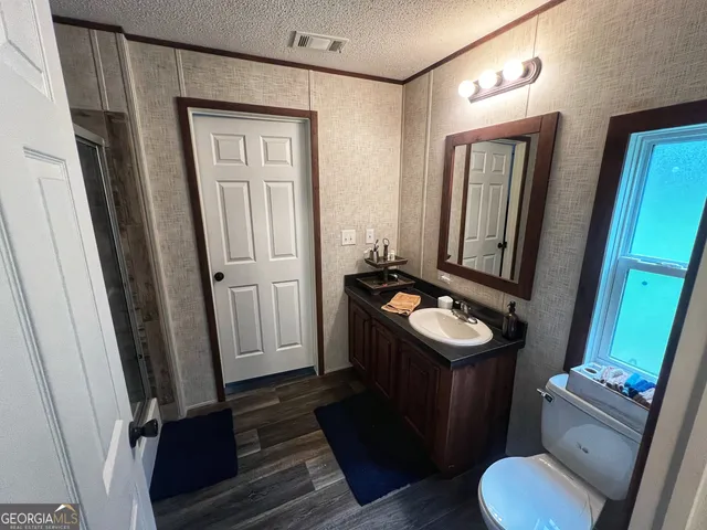 a bathroom with a sink a toilet and mirror