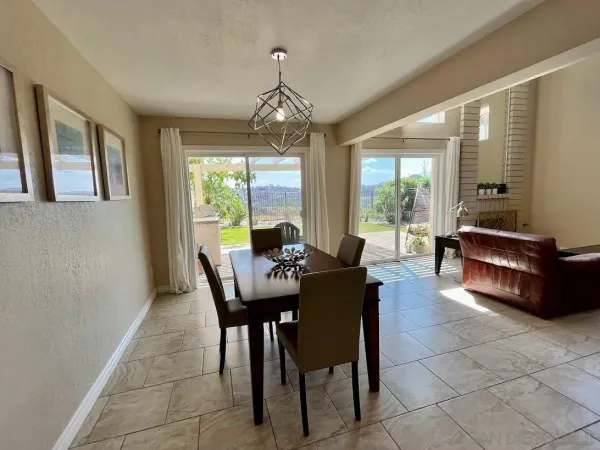 a view of a dining room with furniture window and outside view