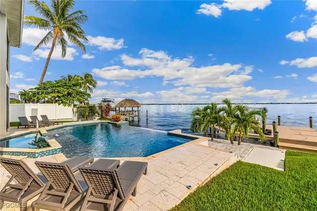 swimming pool view with a garden space