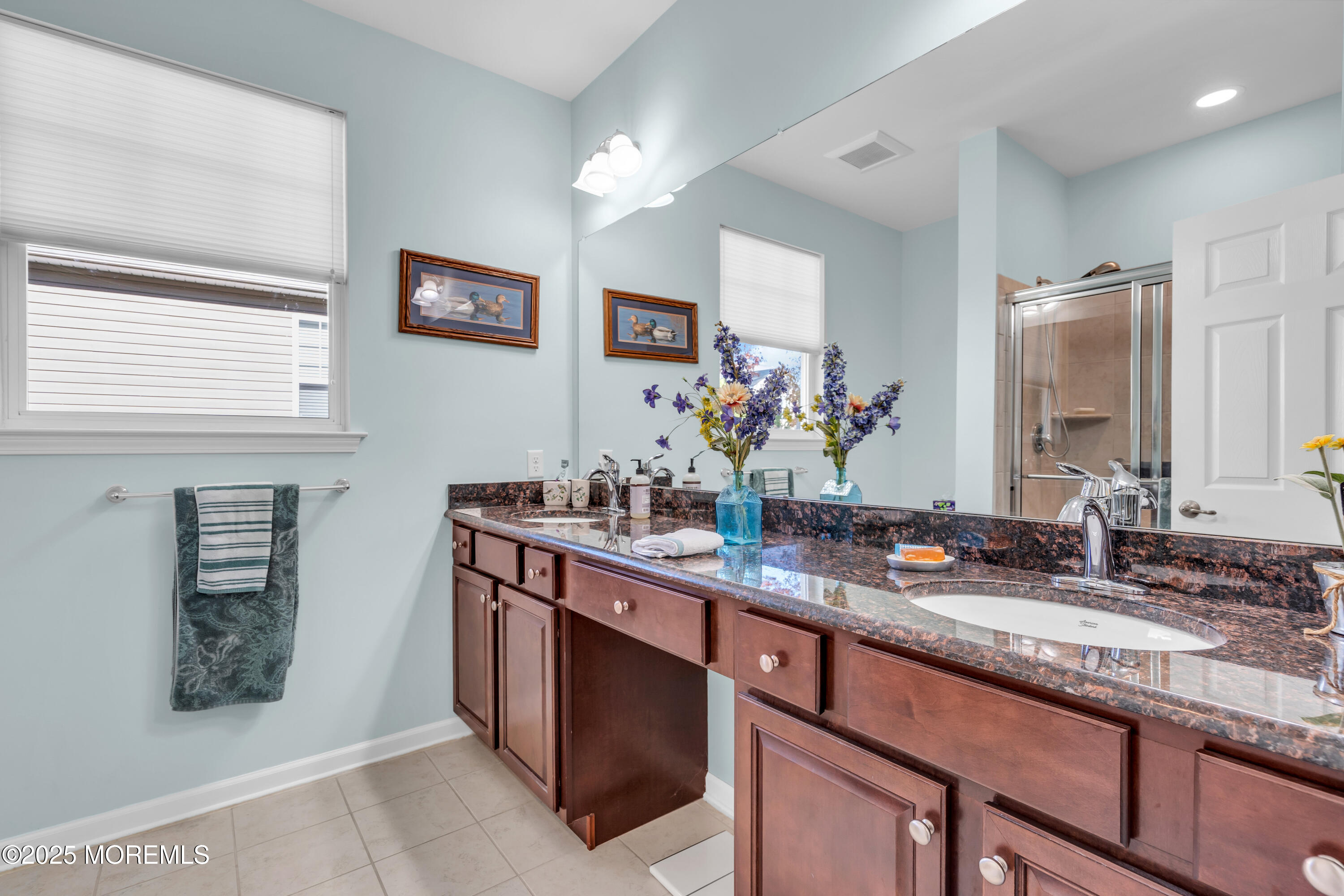 339 Newport Way Little Egg Harbor, NJ 08087 - Photo 12 of 32 a bathroom with a granite countertop sink a mirror and a shower
