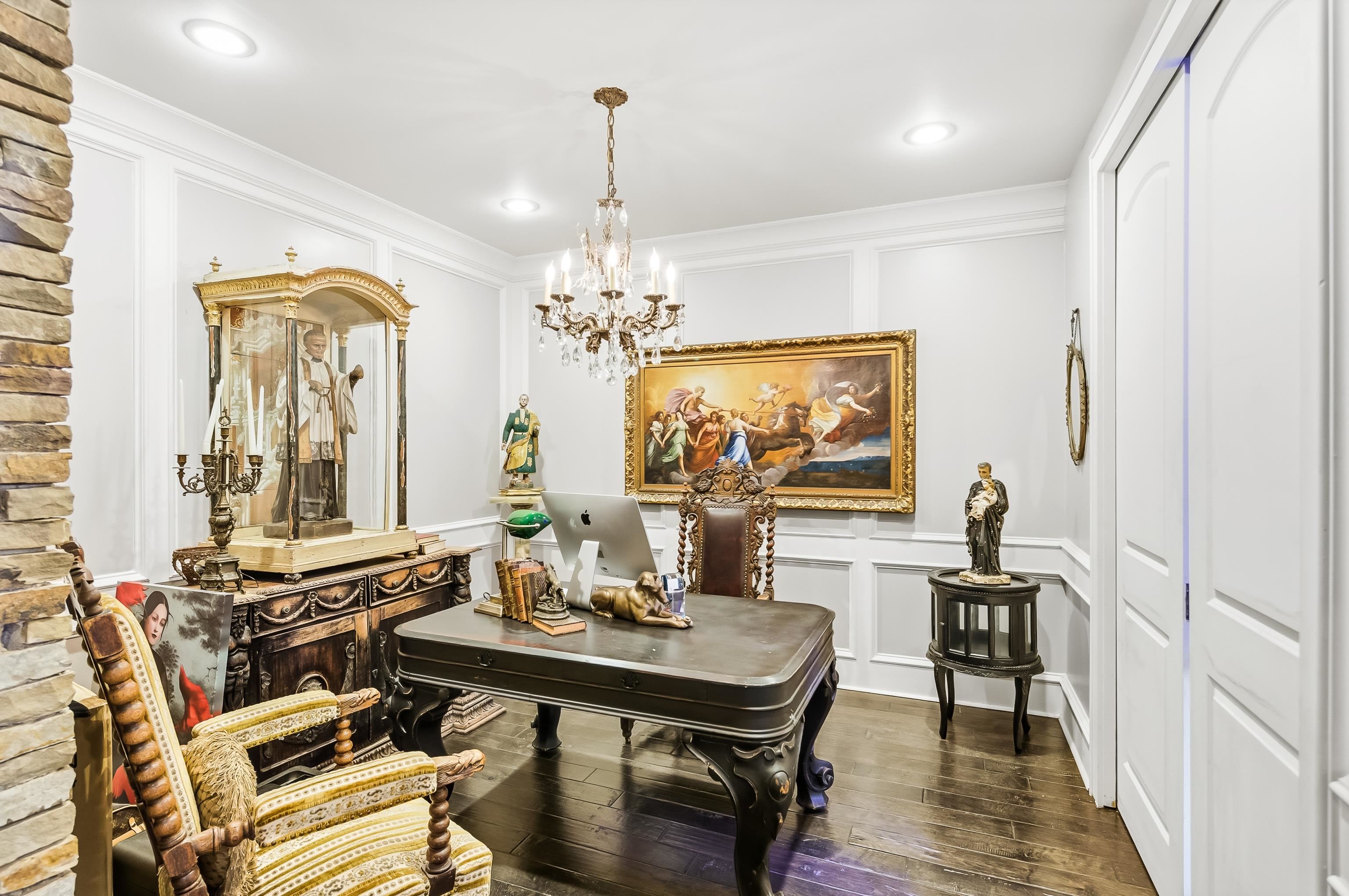 5110 Reynolds Road Collierville, TN 38017 - Photo 16 of 40 Dining room featuring a decorative wall, ornamental molding, dark wood-style floors, a chandelier, and a desk