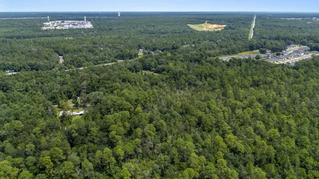 an aerial view of a residential houses with outdoor space and trees