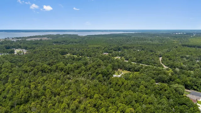 an aerial view of residential houses with outdoor space and trees