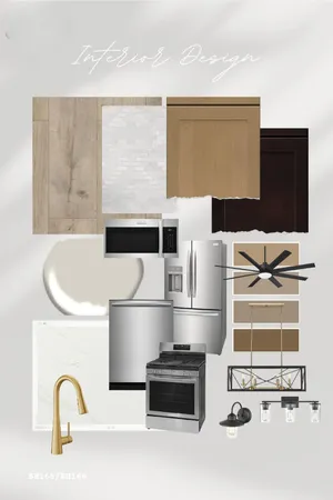 a close view of kitchen sink with stove and refrigerator