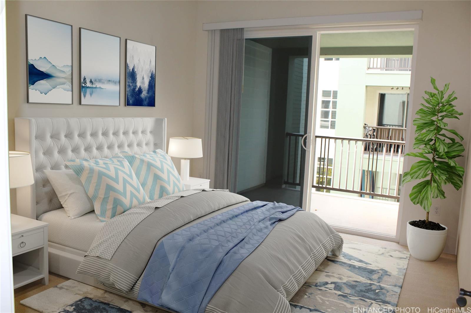 520 Lunalilo Home Road, Unit 7328 Honolulu, HI 96825 - Photo 6 of 22 a bedroom with a large bed and a potted plant