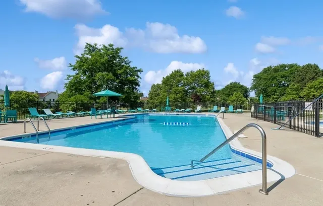 a garden with trees in the background