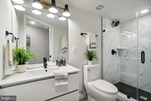 a bathroom with a sink a toilet a mirror a vanity and shower