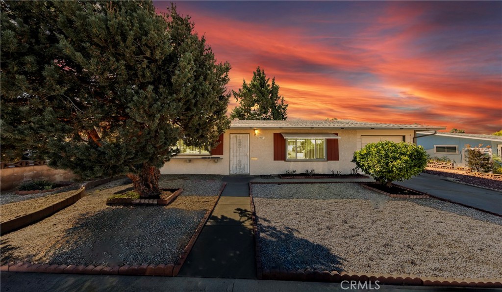 a view of a house with backyard and garden
