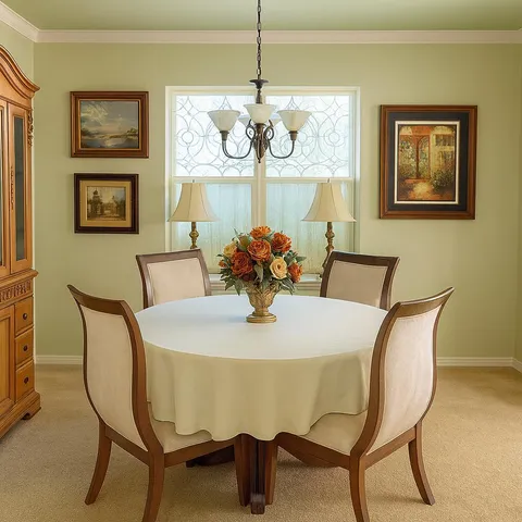 a dining room with furniture and window