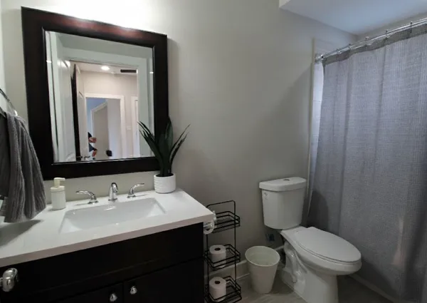 a bathroom with a sink toilet and mirror