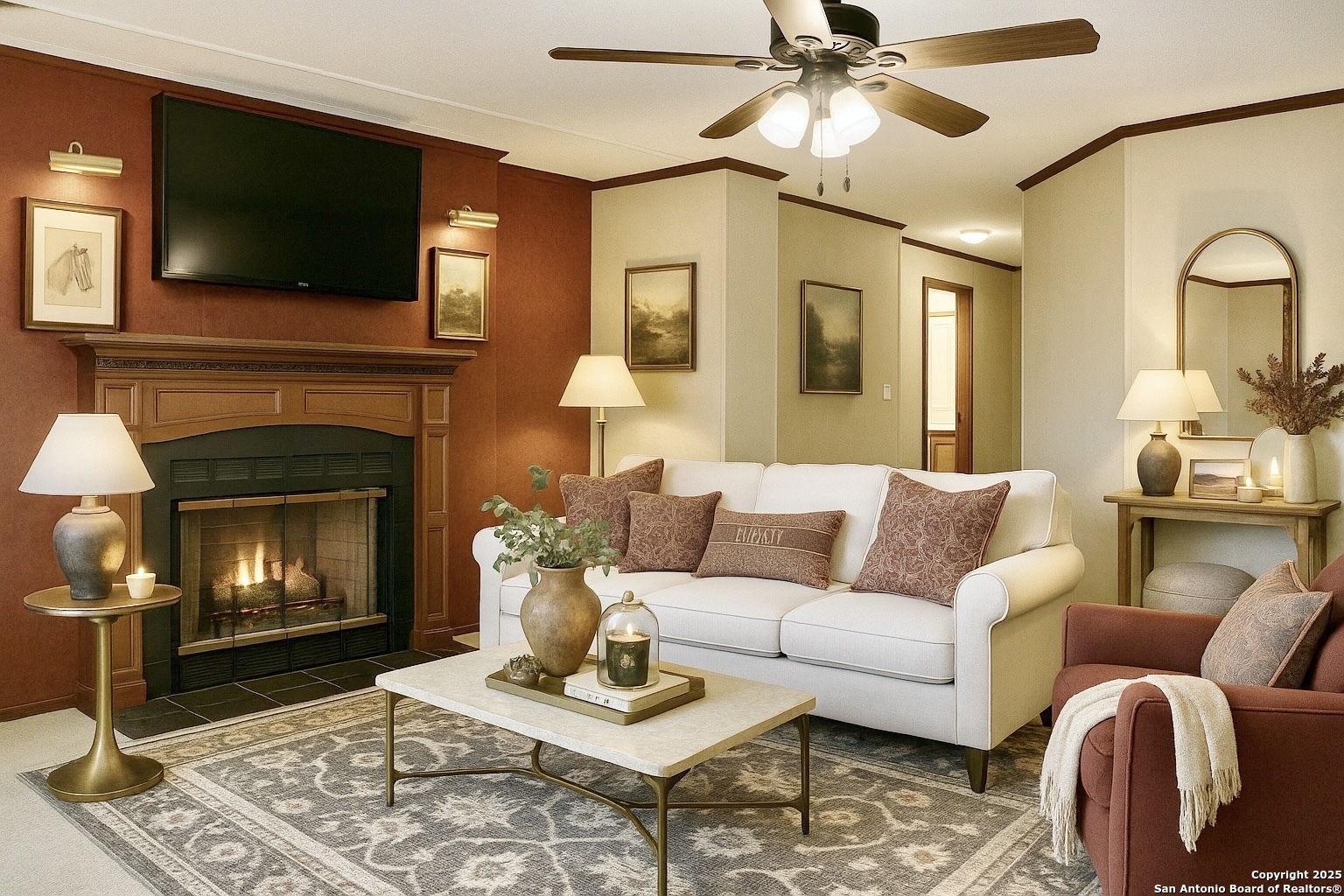 285 Rhonda Drive Lytle, TX 78052 - Photo 10 of 51 a living room with furniture a fireplace and a flat screen tv
