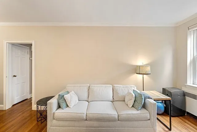 a living room with furniture and a lamp