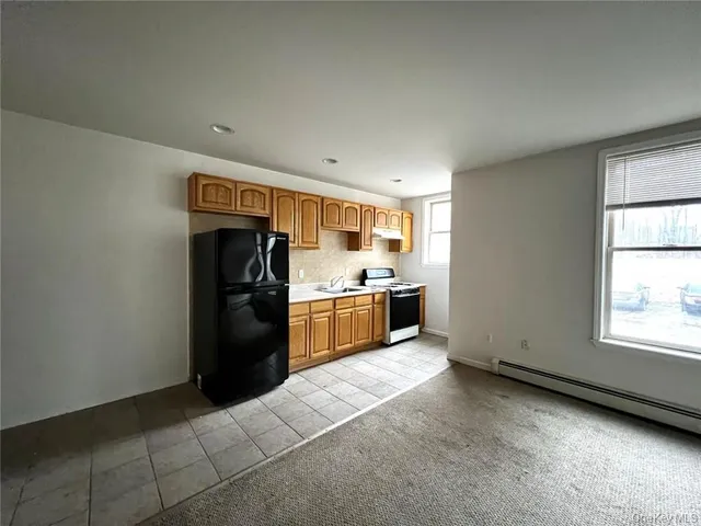 a kitchen with a refrigerator and a sink