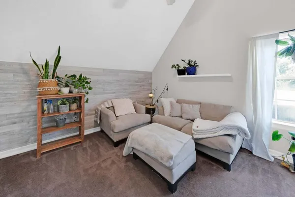 a living room with furniture and a potted plant