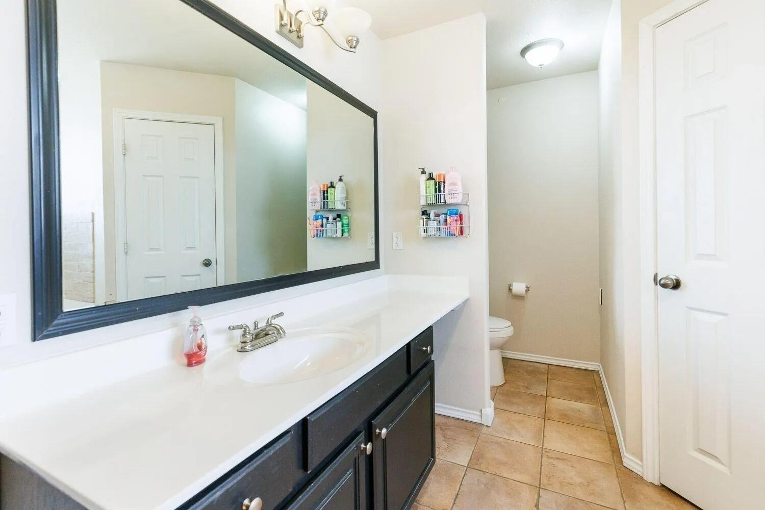 10602 Clinton Avenue Lubbock, TX 79424 - Photo 22 of 36 a bathroom with a sink vanity and mirror