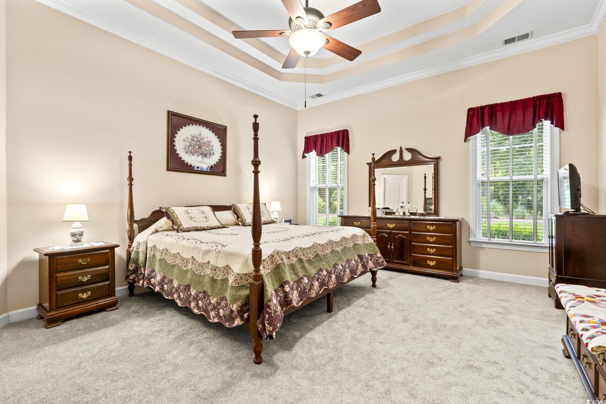 499 Trestle Way Conway, SC 29526 - Photo 15 of 40 Bedroom featuring light colored carpet, a tray ceiling, multiple windows, ornamental molding, and ceiling fan