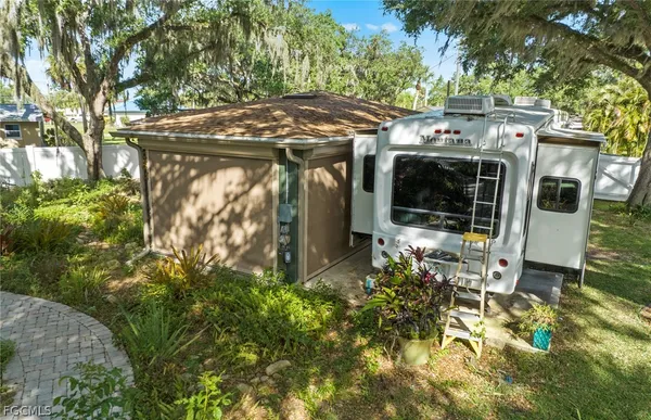 a view of a garage with storage
