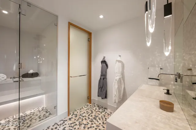 a bathroom with a sink and a shower