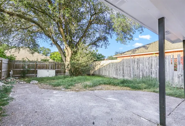 a view of a backyard with plants and large tree