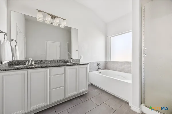 a bathroom with a tub a double vanity sink and a mirror