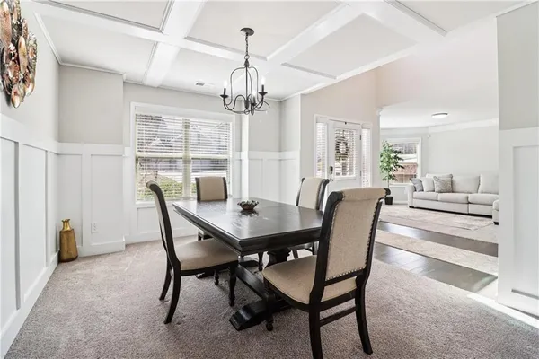 a view of a dining room with furniture
