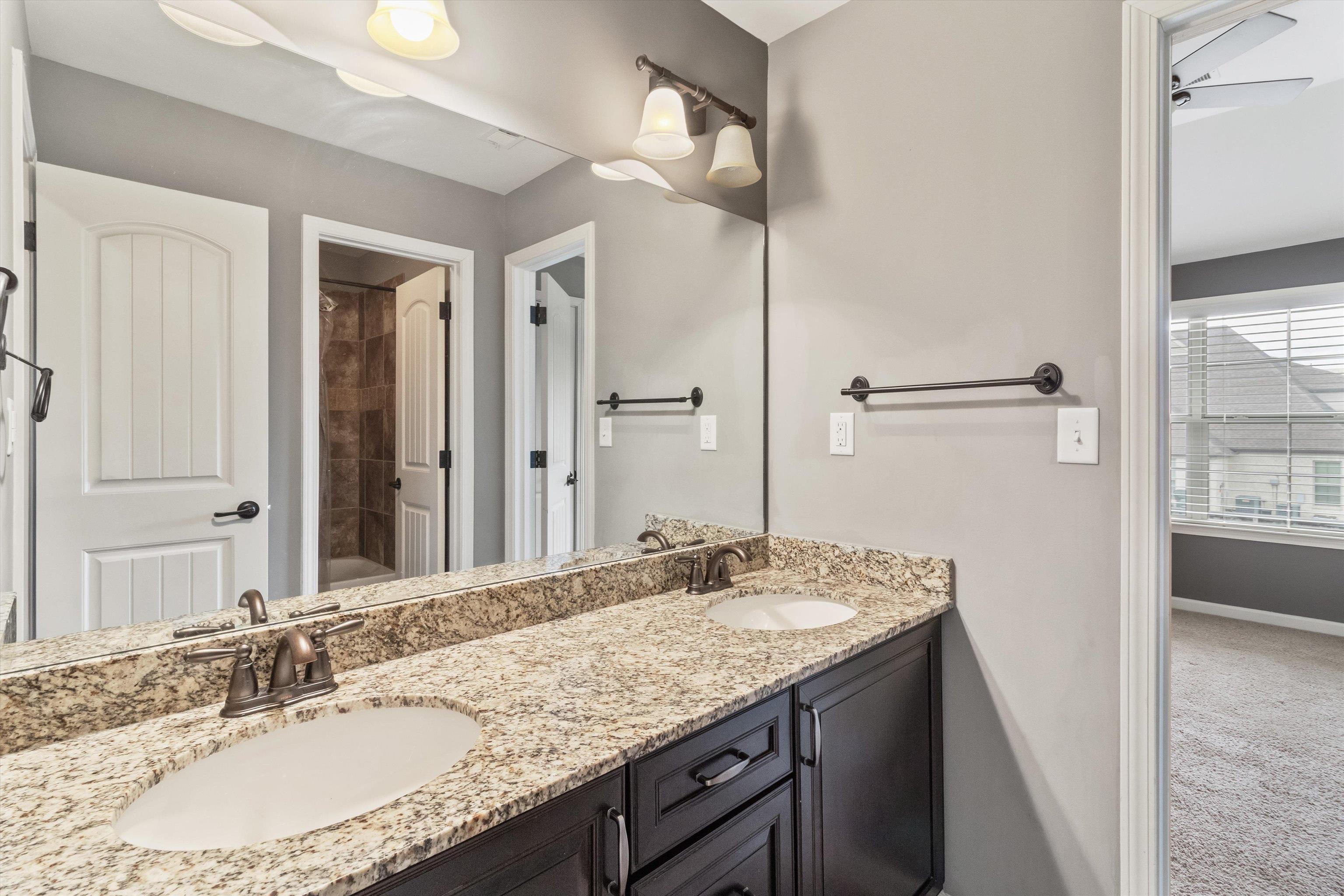 3449 Banyan Lane Bartlett, TN 38133 - Photo 28 of 35 a bathroom with a granite countertop sink a mirror and a shower