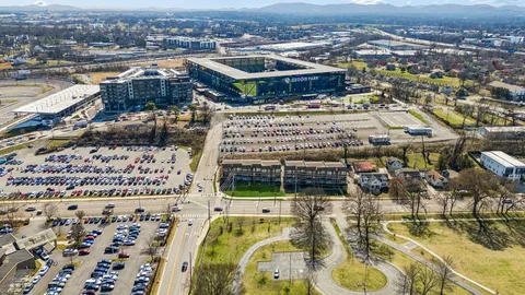 a front view of a building with street view