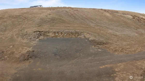 a view of a dry yard with mountains in the background