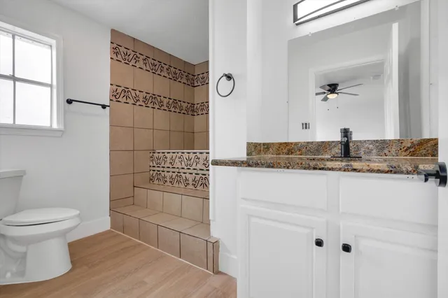 a bathroom with a granite countertop sink a toilet and a mirror