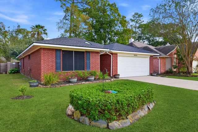 a view of a yard in front of a house with plants and large tree