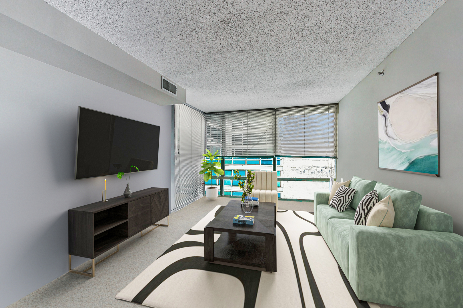 9655 Woods Drive, Unit 1405 Skokie, IL 60077 - Photo 9 of 36 a living room with furniture and a flat screen tv