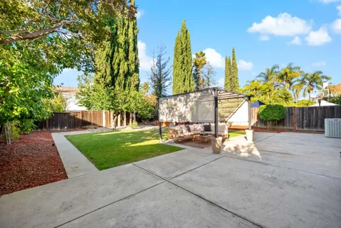 a view of backyard with plants and outdoor seating