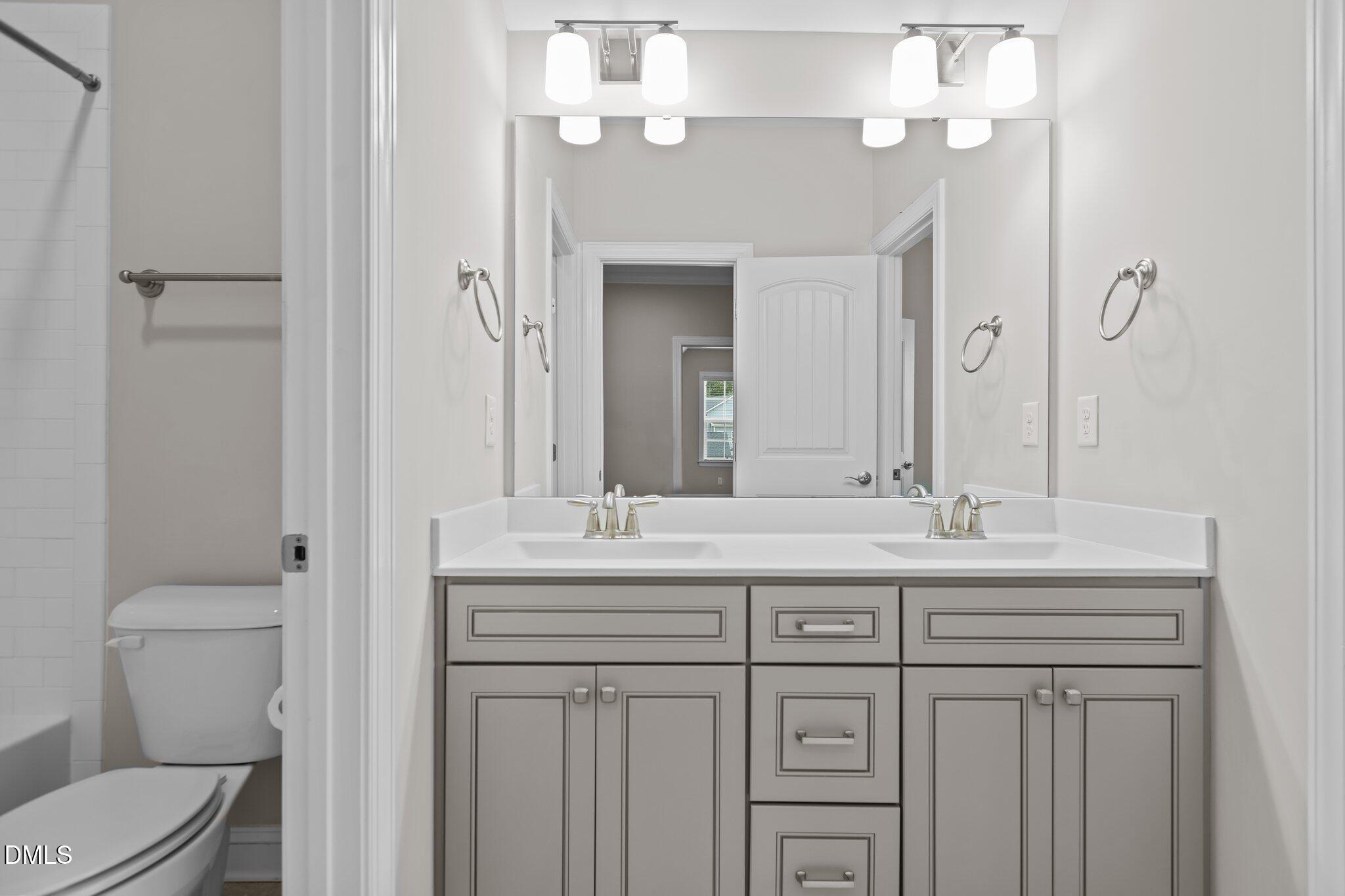 2923 Logan Valley Path Apex, NC 27502 - Photo 18 of 20 a bathroom with a sink a toilet and a mirror