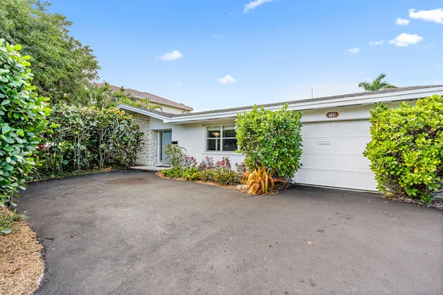 a view of a house with potted plants and a large tree
