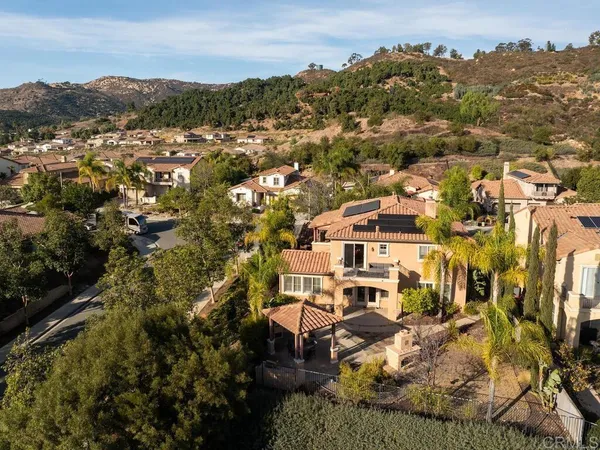 an aerial view of residential houses with outdoor space
