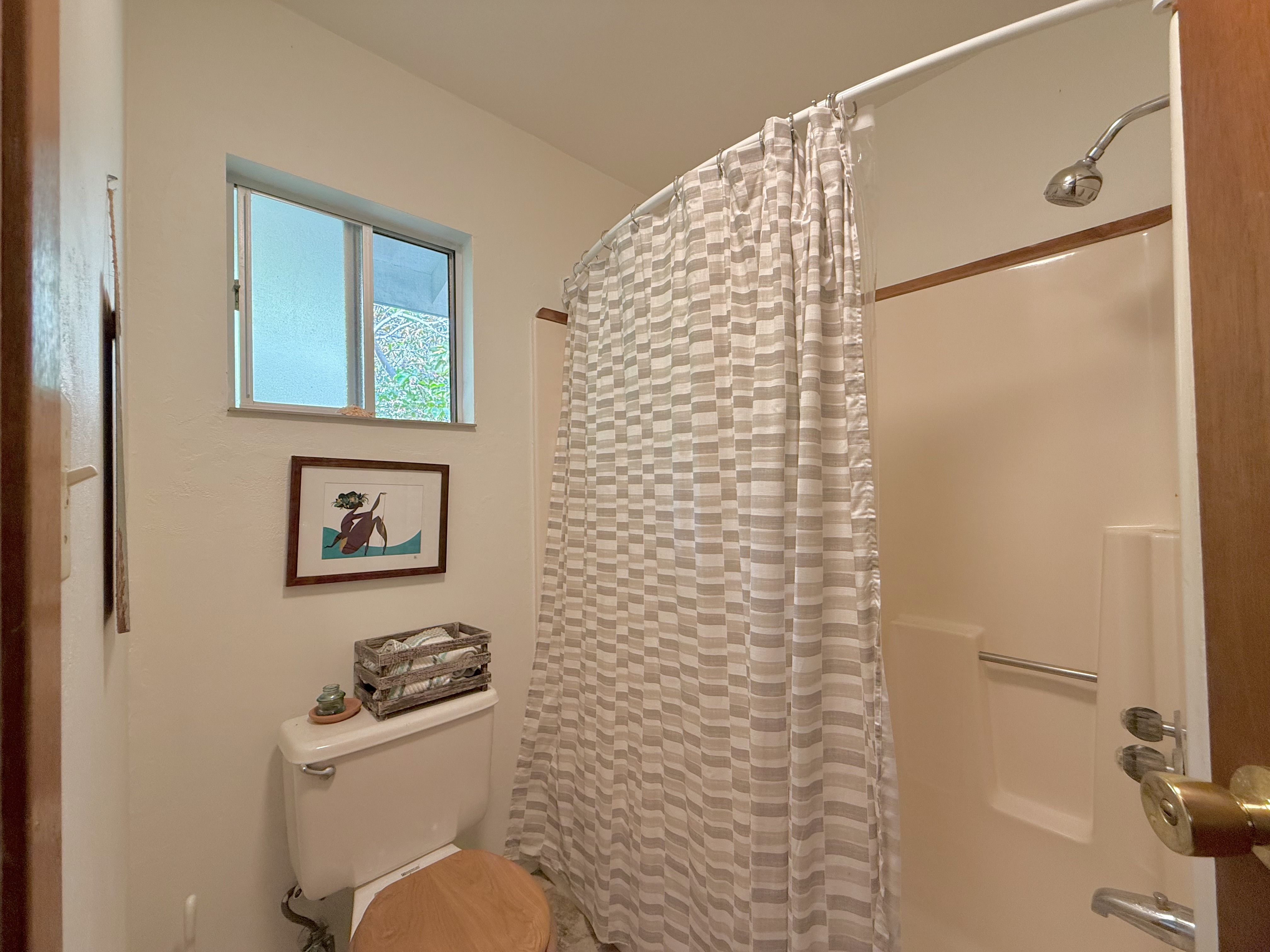94-1726 Wakea Avenue Naalehu, HI 96772 - Photo 18 of 30 a bathroom with a toilet and a shower curtain