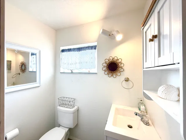 a bathroom with a toilet sink and mirror