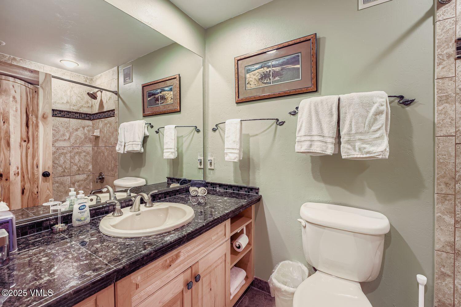 137 Benchmark Road, Unit 520 Avon, CO 81620 - Photo 10 of 26 a bathroom with a granite countertop sink toilet and a mirror