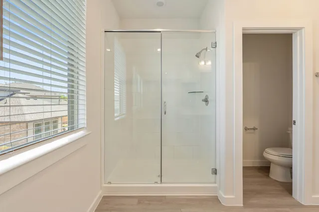 a bathroom with a shower and a toilet