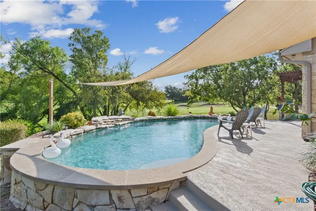 a view of a swimming pool with a patio and plants