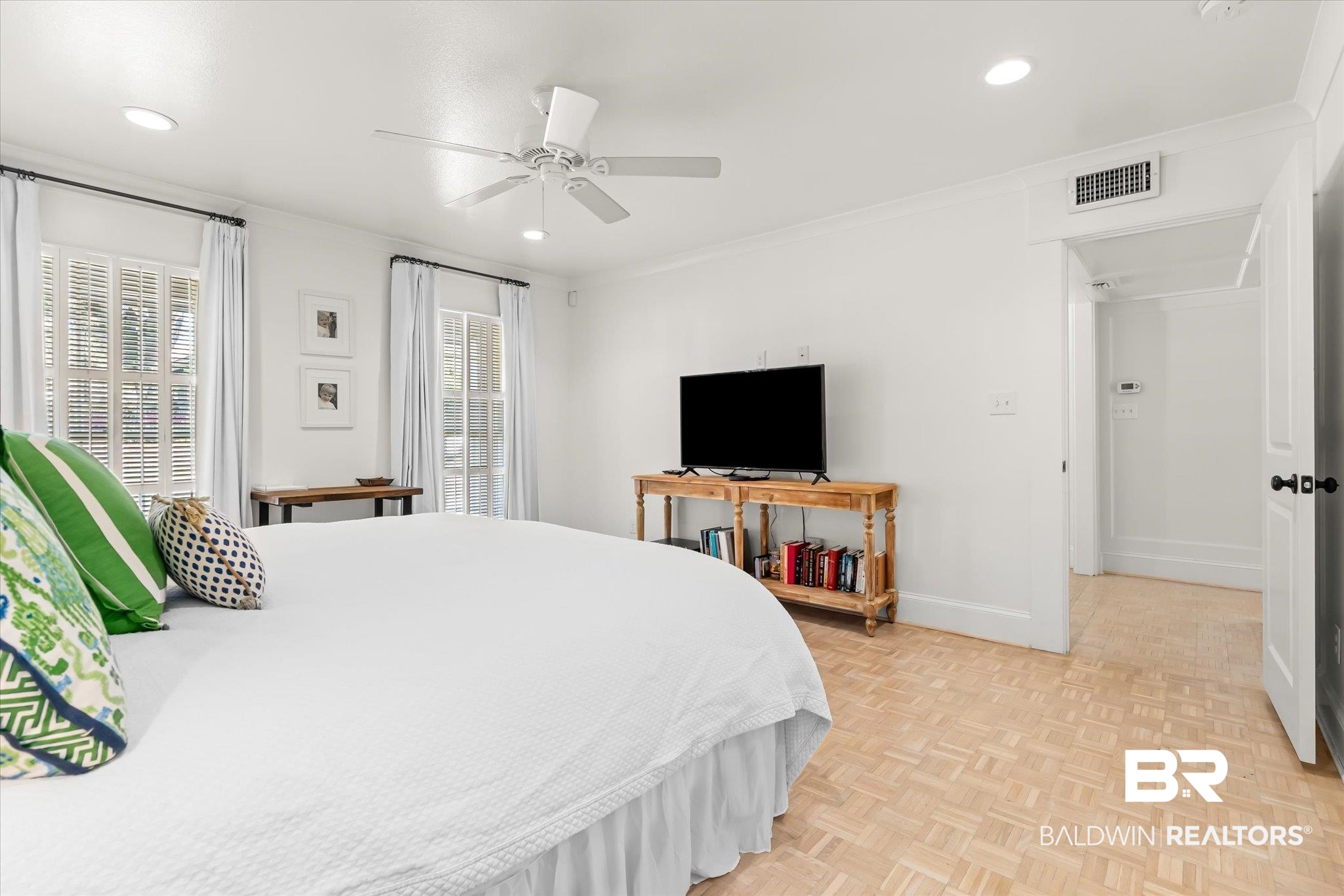 3921 McGregor Court Mobile, AL 36608 - Photo 18 of 41 Bedroom with a ceiling fan, visible vents, baseboards, recessed lighting, and ornamental molding