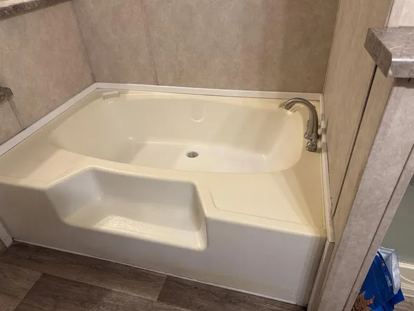 a bathroom with a bathtub