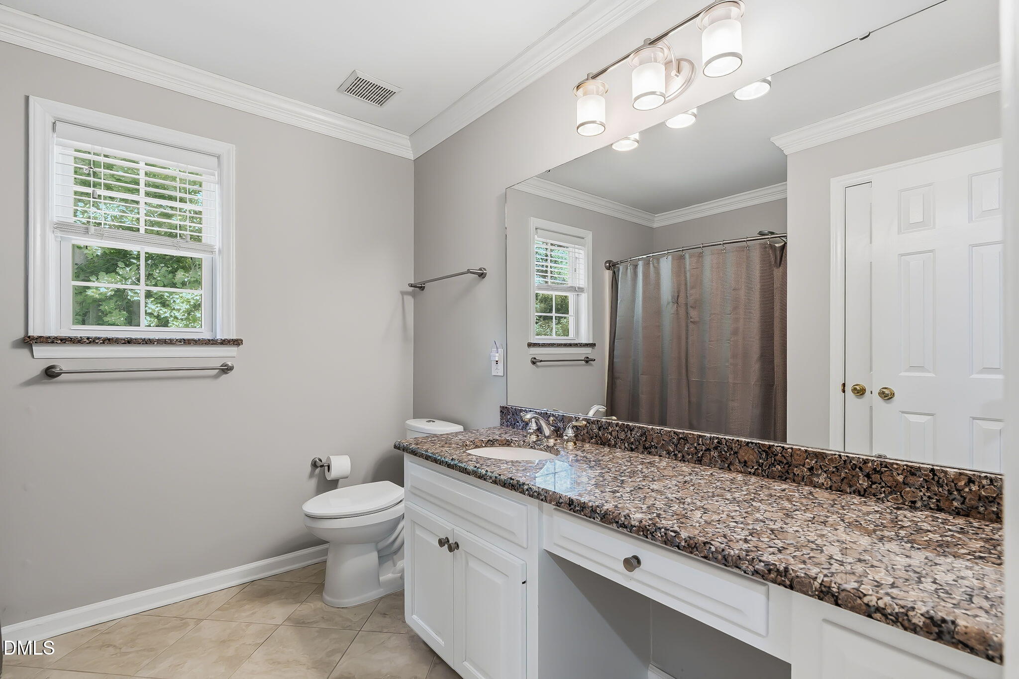 1112 Tyler Farms Drive Raleigh, NC 27603 - Photo 39 of 78 a bathroom with a granite countertop sink a toilet and large mirror