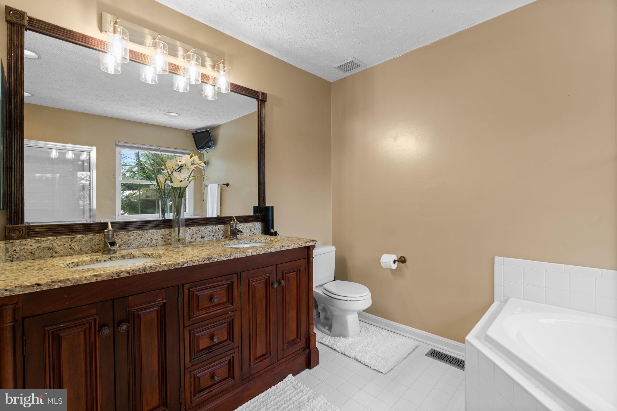 22 Dovefield Road Perry Hall, MD 21128 - Photo 24 of 46 a bathroom with a granite countertop sink a toilet and a mirror