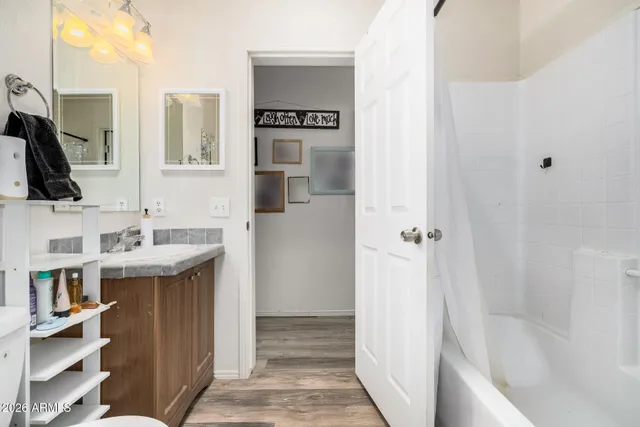 a bathroom with a sink a mirror and a bathtub