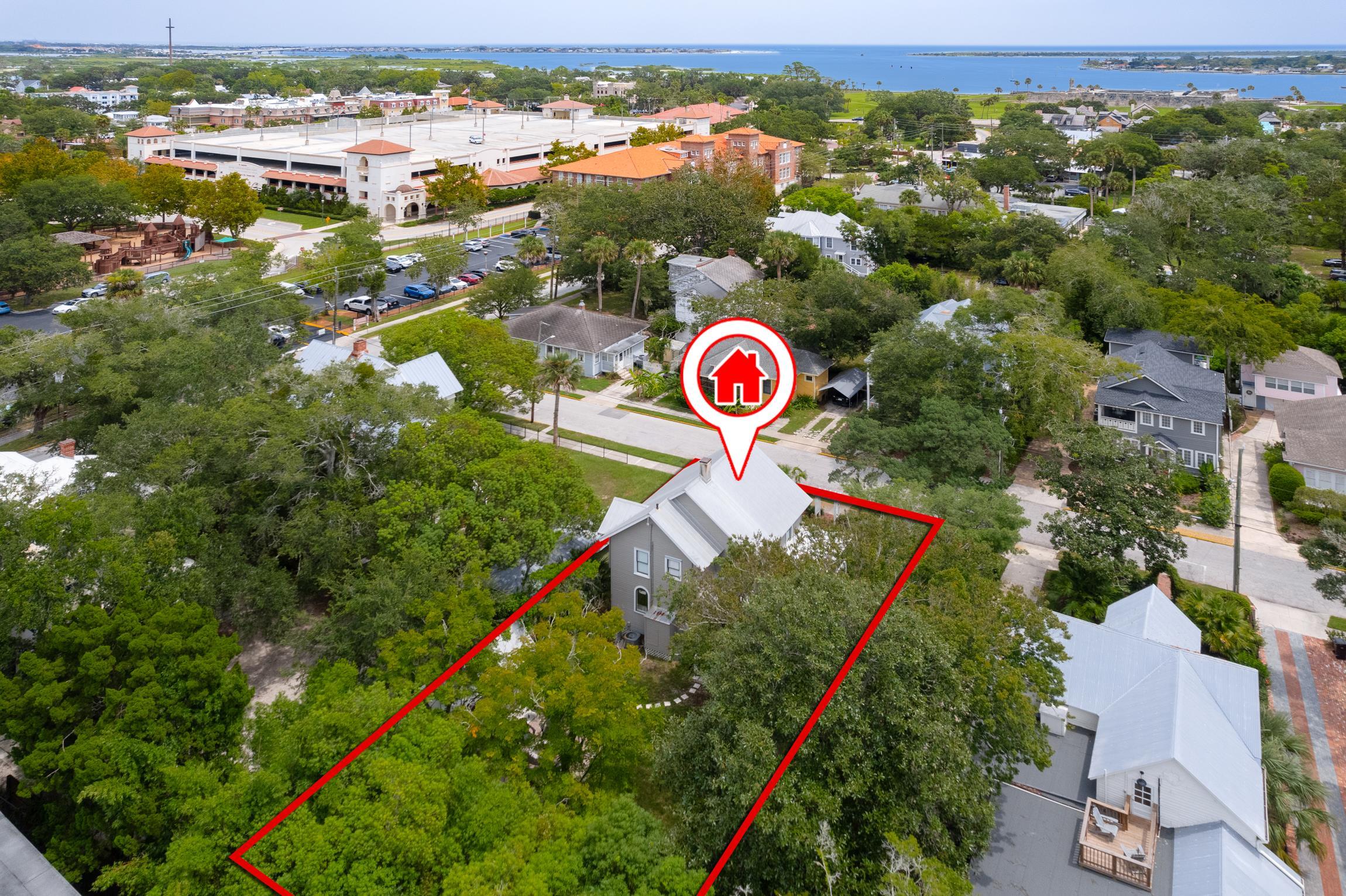 8 Sevilla Street St. Augustine, FL 32084 - Photo 69 of 73 Aerial view of residential area featuring a nearby body of water and property parcel outlined